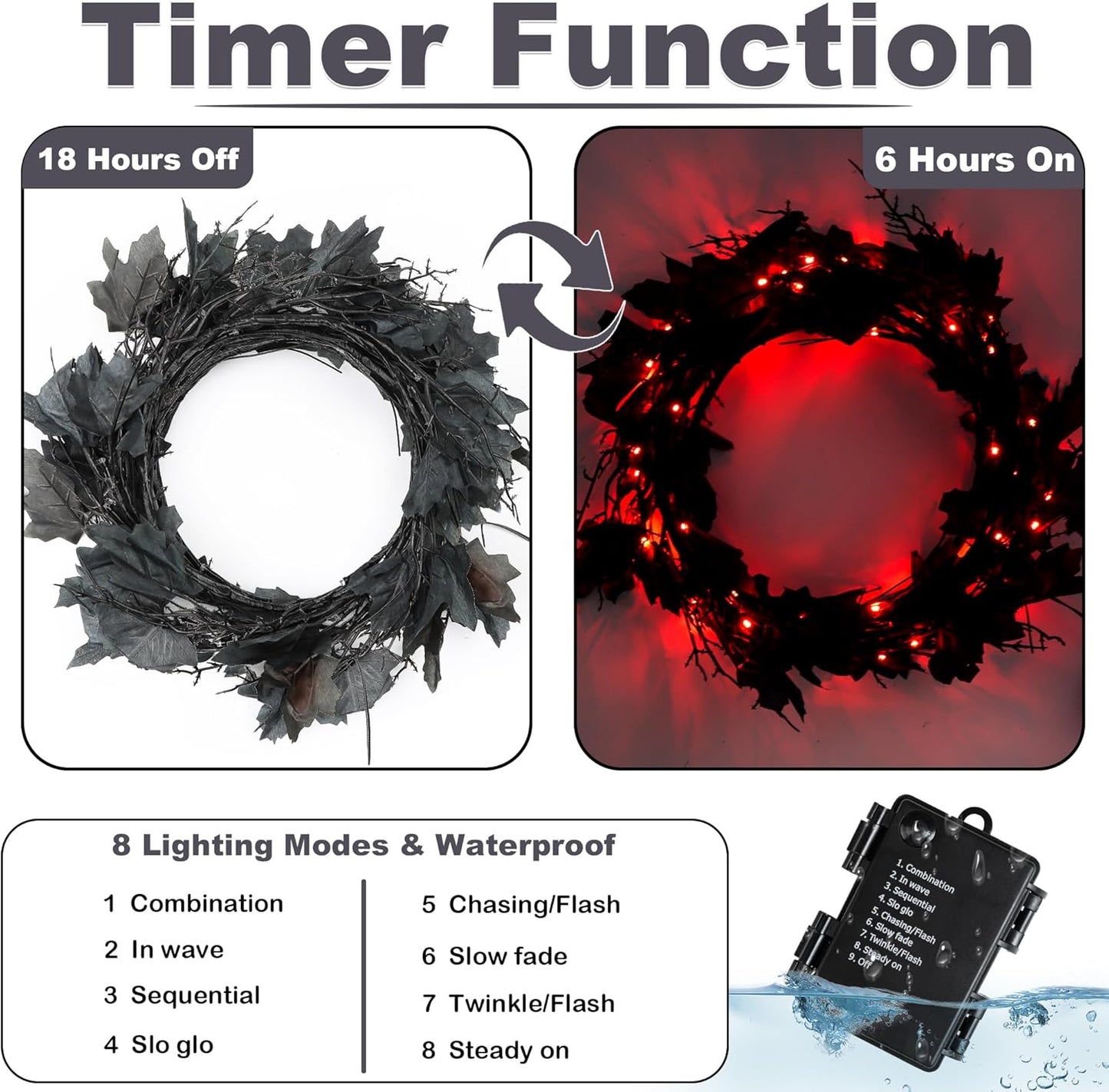 9 FT 72 LED Willow Vine Twig Decor Black Halloween Garland with Orange Lights, 8 Modes & Timer Waterproof Battery Operated for Home Fireplace Mantle Wall Office Indoor Halloween Decorations Party