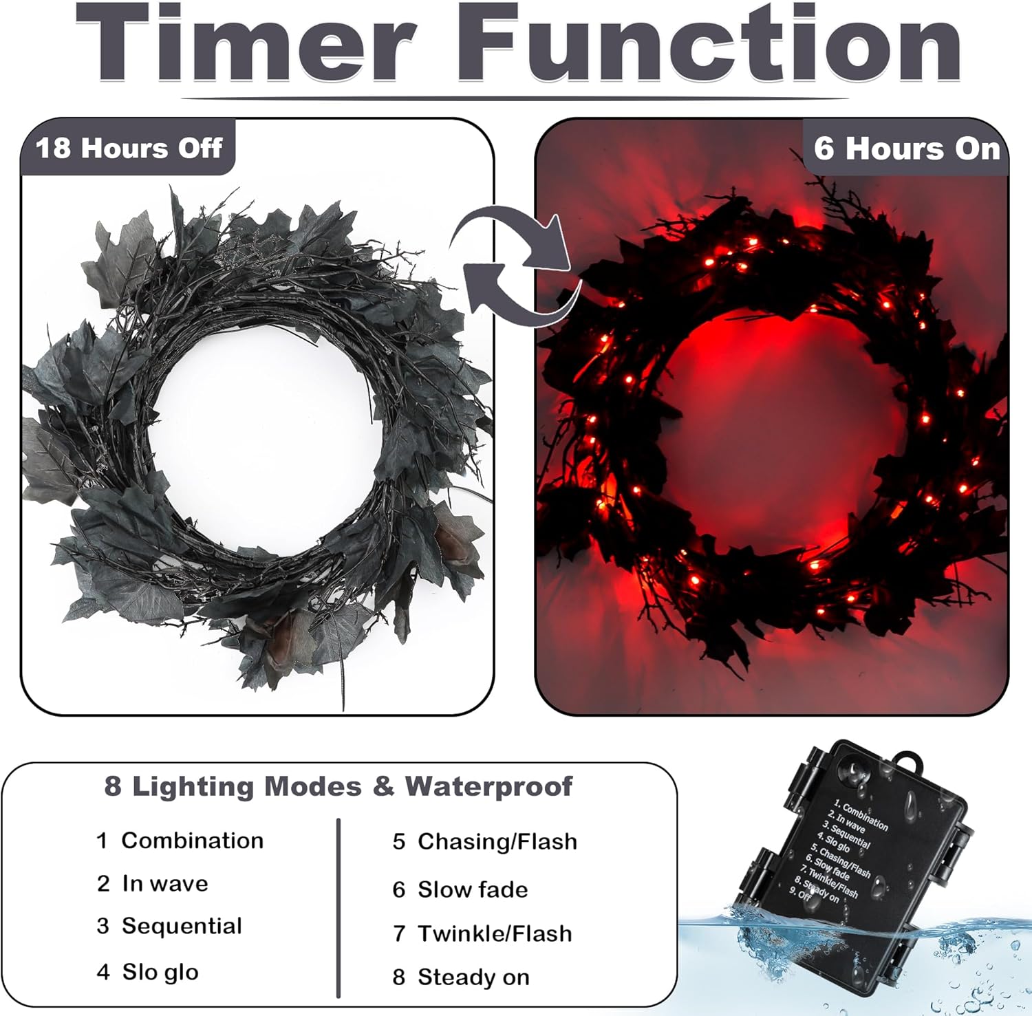 9 FT 72 LED Willow Vine Twig Decor Black Halloween Garland with Orange Lights, 8 Modes & Timer Waterproof Battery Operated for Home Fireplace Mantle Wall Office Indoor Halloween Decorations Party