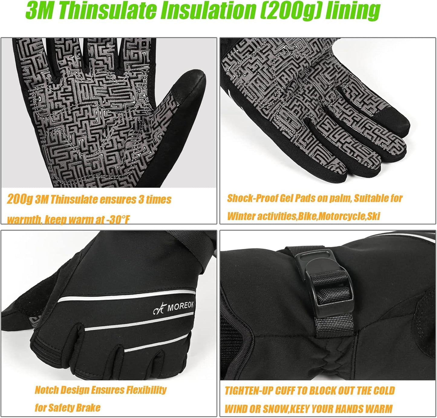 MOREOK Waterproof & Windproof -30°F Winter Gloves for Men/Women, 3M Thinsulate Thermal Gloves Touch Screen Warm Gloves for Skiing,Cycling,Motorcycle,Running