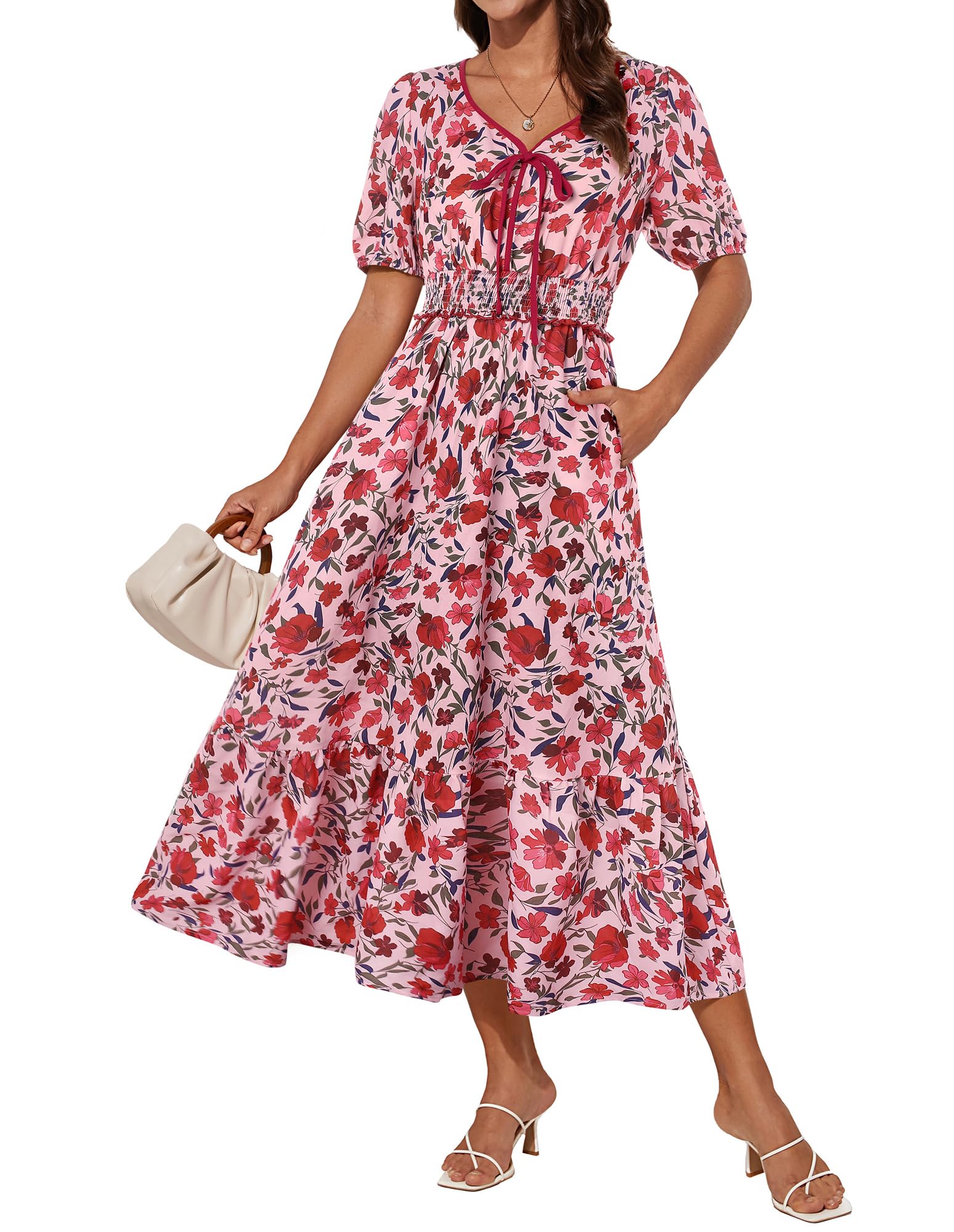 GRACE KARIN 2025 Women's Summer Floral Flowy A Line Midi Dresses Elegant Short Sleeve Smocked V-Neck Tiered Dresses