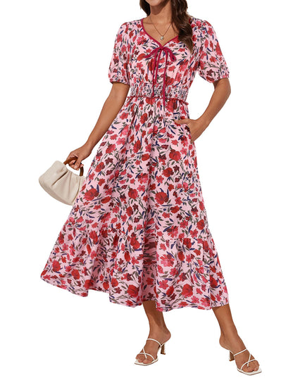 GRACE KARIN 2025 Women's Summer Floral Flowy A Line Midi Dresses Elegant Short Sleeve Smocked V-Neck Tiered Dresses