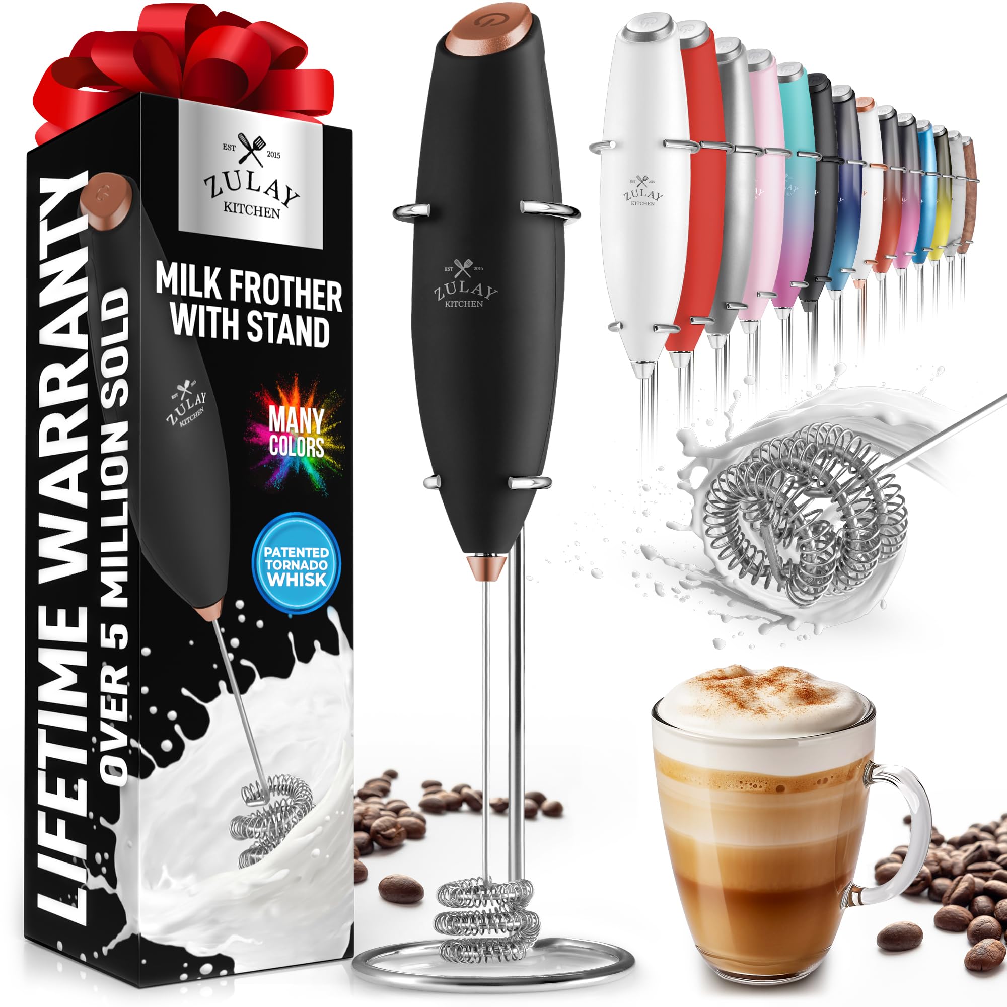 Zulay Kitchen Powerful Milk Frother Wand With 2 Duracell Batteries - Ultra Fast Handheld Drink Mixer - Electric Whisk Foam Maker for Coffee, Lattes, Cappuccino, Matcha, Hot Chocolate & Creamer - Black