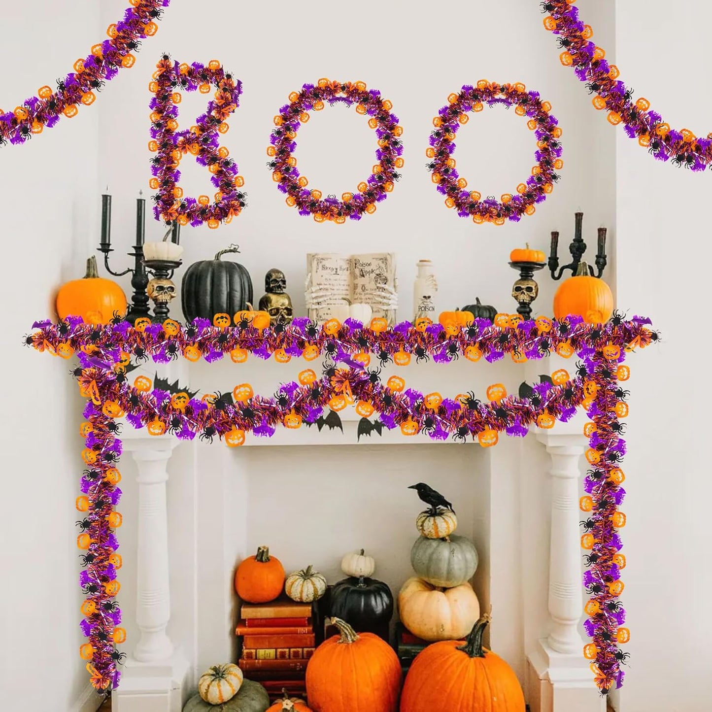 33FT Spooky Halloween Tinsel Garland with Pumpkin Bat Spider Ornament, Shiny Metallic Twist Garland Outdoor Indoor Halloween Decorations for Home Table Office Classroom Fireplace Party Decor