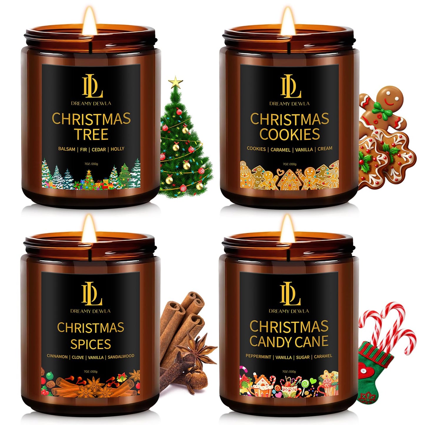 Winter Candle Set, Candles for Home Scented, 4 Pack Soy Candles for Holiday, Holiday Candle Gifts for Women Men, Winter Scents of Gingerbread Cookies/Apple & Cinnamon/Coffee Latte/Pine & Cedarwood