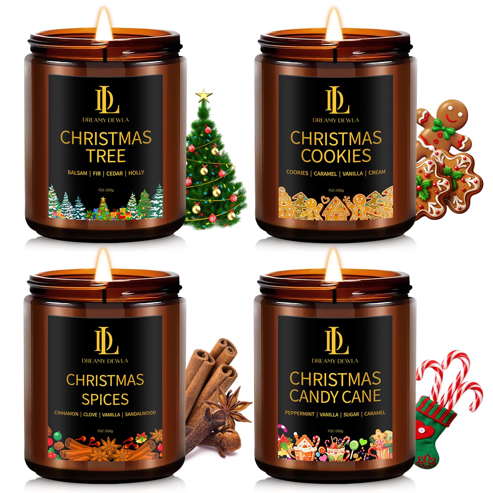 Winter Candle Set, Candles for Home Scented, 4 Pack Soy Candles for Holiday, Holiday Candle Gifts for Women Men, Winter Scents of Gingerbread Cookies/Apple & Cinnamon/Coffee Latte/Pine & Cedarwood