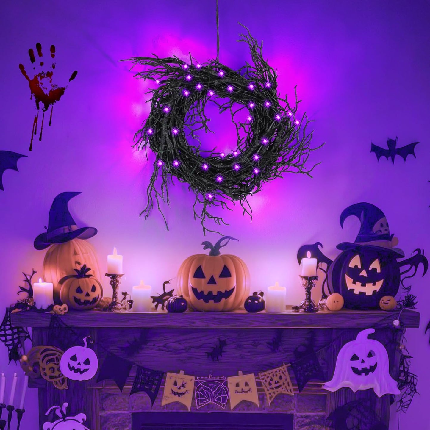 6 FT Halloween Black Garland Willow Vine Twig Decor with Orange & Purple Light, 8 Modes & Timer Battery Operated Waterproof Halloween Decorations Indoor for Mantle Fireplace Home Party Decor