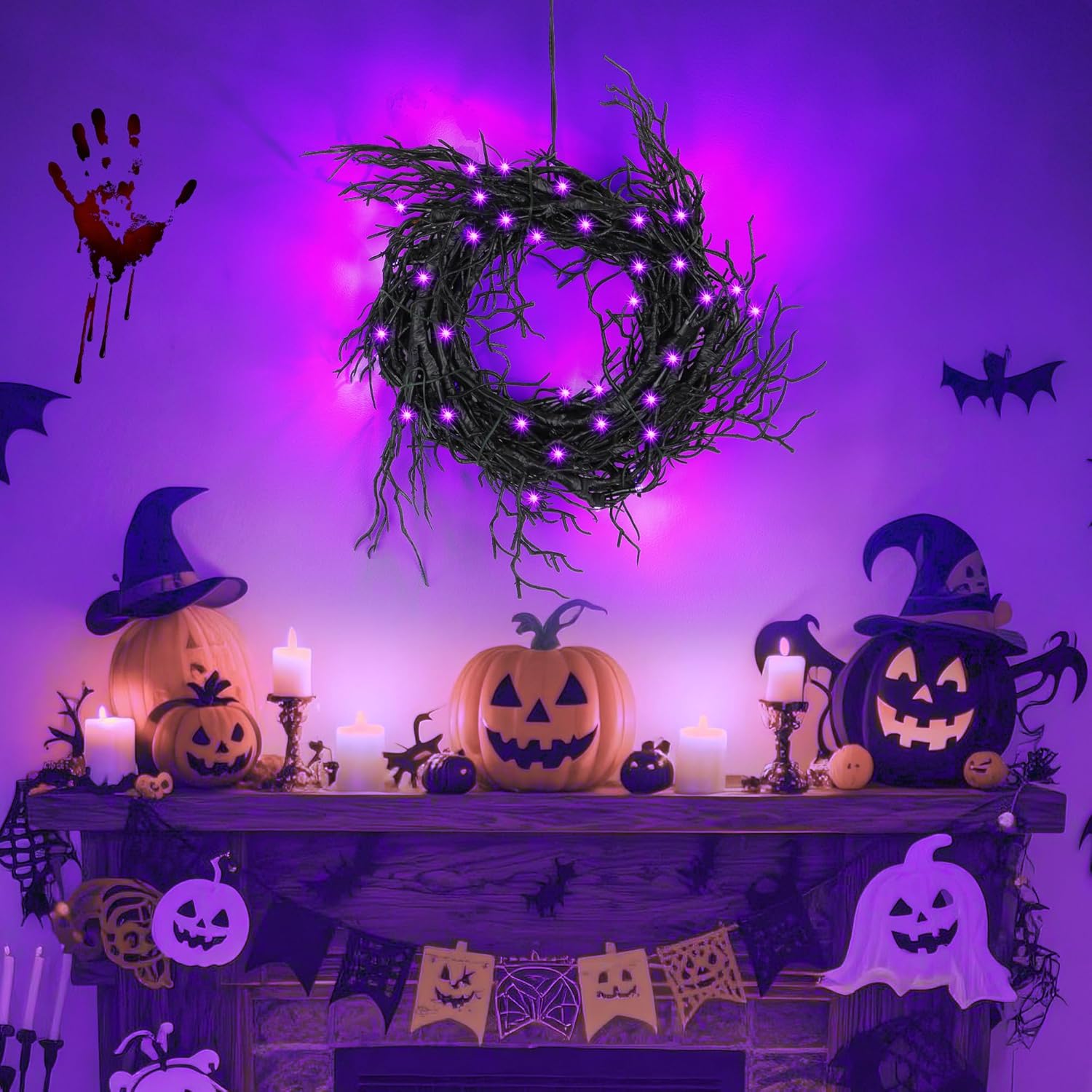 6 FT Halloween Black Garland Willow Vine Twig Decor with Orange & Purple Light, 8 Modes & Timer Battery Operated Waterproof Halloween Decorations Indoor for Mantle Fireplace Home Party Decor