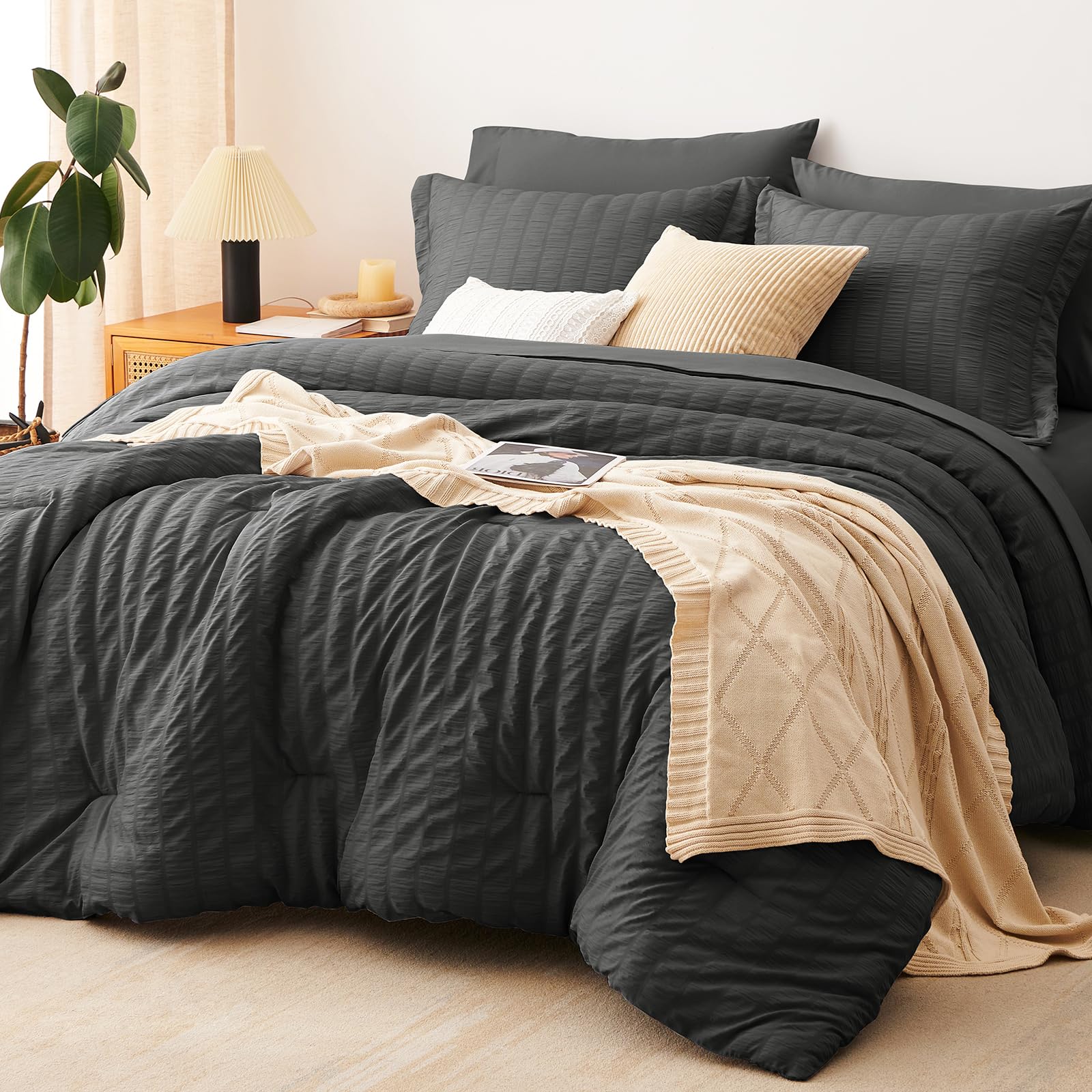 CozyLux Queen Comforter Set White Seersucker 7 Pieces Bed in a Bag Queen Comforter Set with Sheets, Luxury Soft Bedding Set with Down Alternative Comforter, Sheets, Pillowcases & Shams for All Seasons