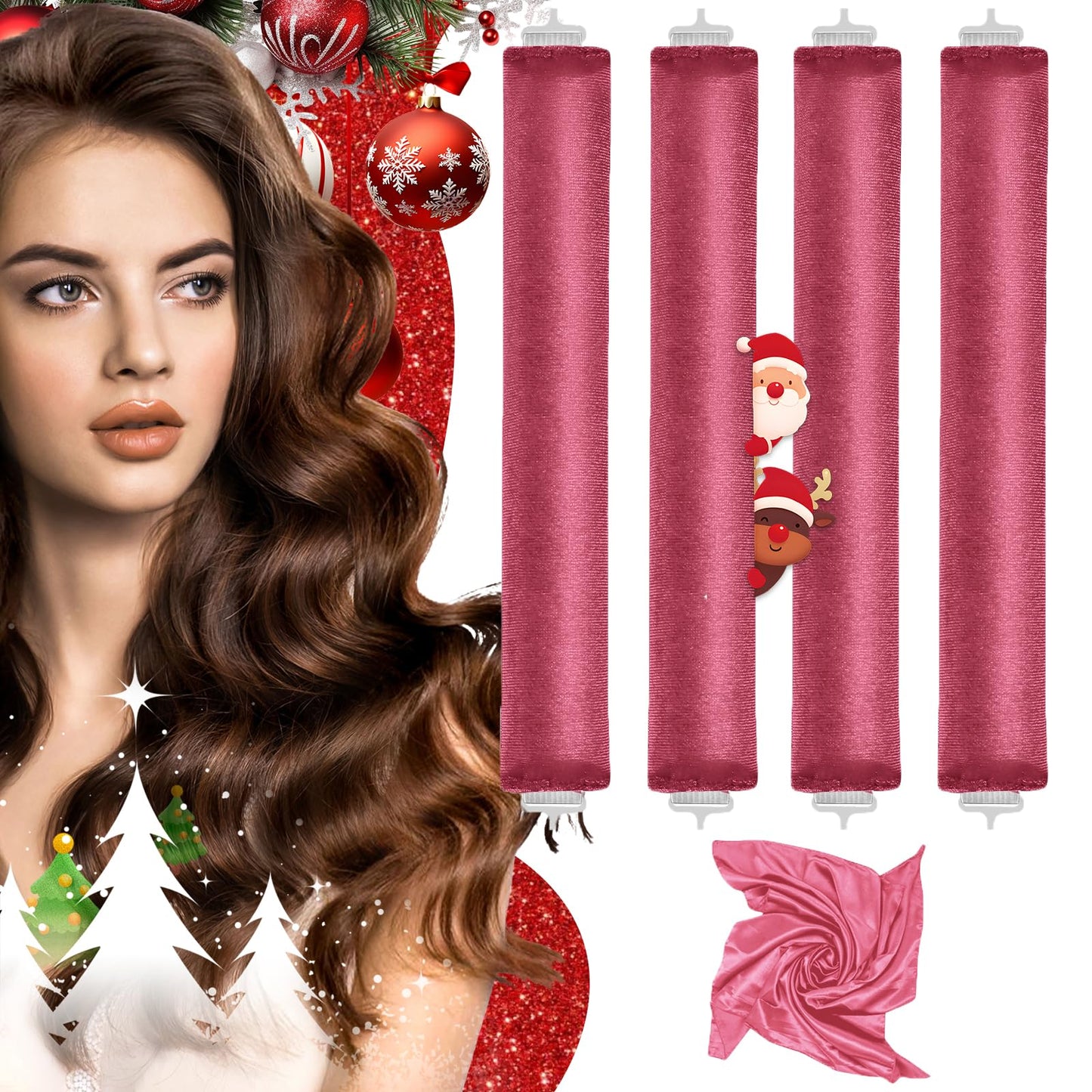 Heatless Curlers, Heatless Curls Overnight Set for Women, Soft Hair Curlers to Sleep In, Jumbo No Heat Hair Curlers Set with Headscarf and Hook for Long Hair (DarkBrown, 4 Packs)