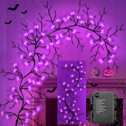 [8 Modes & Timer] 6 Ft 54LED Halloween Garland with Lights, Orange Purple Willow Vine Twig Garland Battery Operated Indoor Outdoor Fireplace Table Wall Home Party Halloween Decor