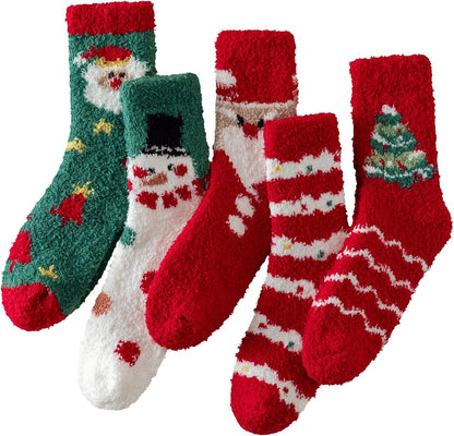 Pleneal Fuzzy Socks for Women - 5 Pairs Womens Christmas Fuzzy Socks, Warm Winter Fluffy Sock Christmas Accessories