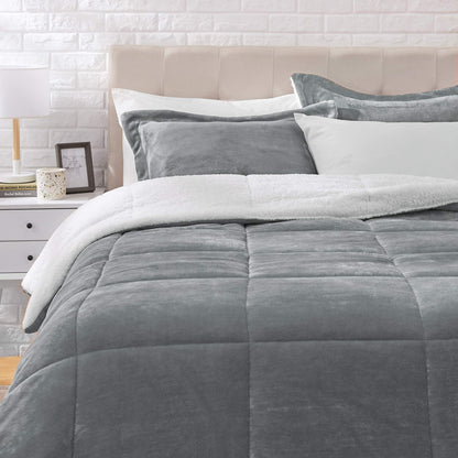 Amazon Basics 3 Piece Bedding Set, Micromink Sherpa, Ultra-Soft, Warm All Season Comforter, Full/Queen, Red Buffalo Plaid