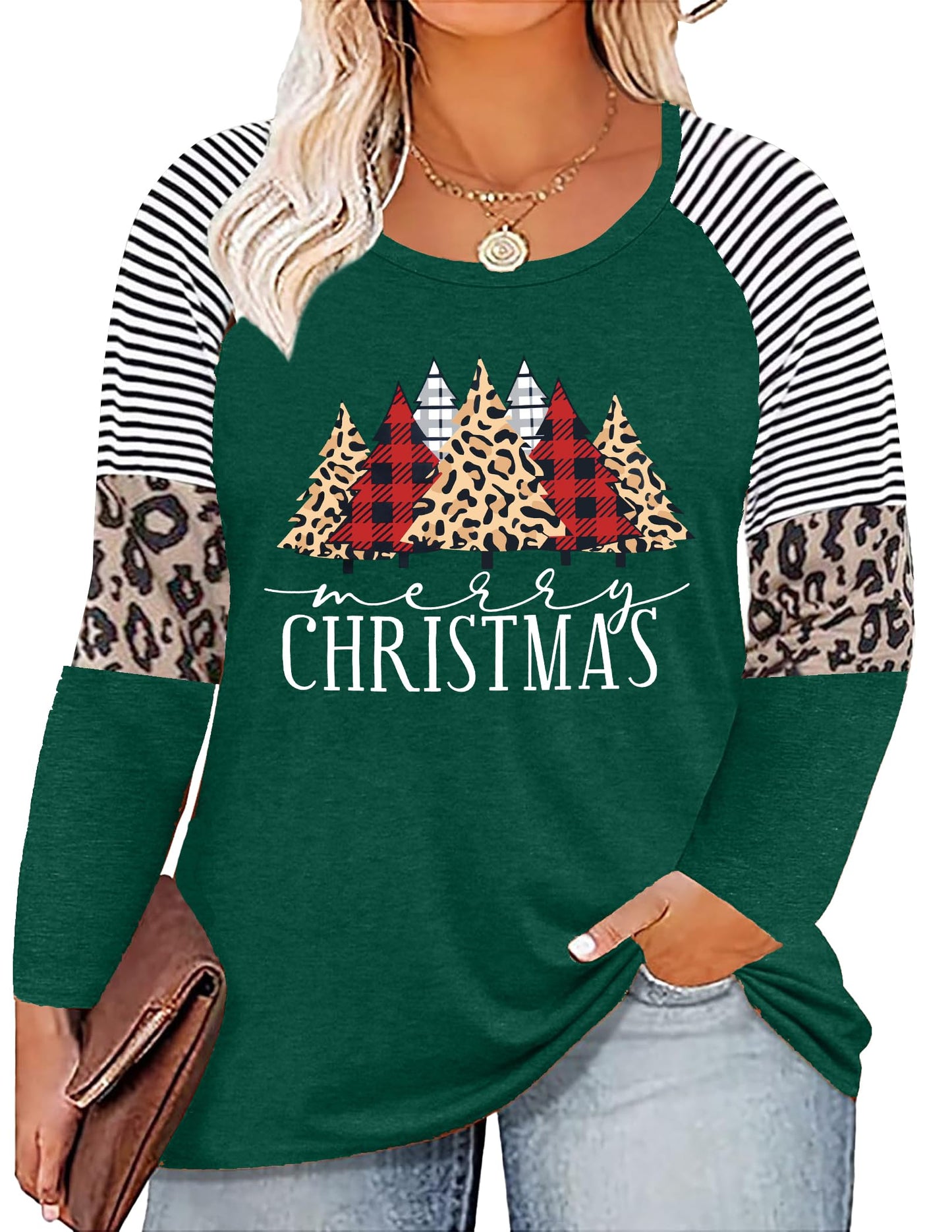 Plus Size Christmas T Shirt Women Xmas Leopard Plaid Trees Print Tees Casual Long Sleeve Holiday Shirts Top