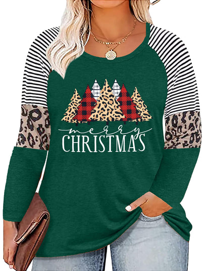 Plus Size Christmas T Shirt Women Xmas Leopard Plaid Trees Print Tees Casual Long Sleeve Holiday Shirts Top