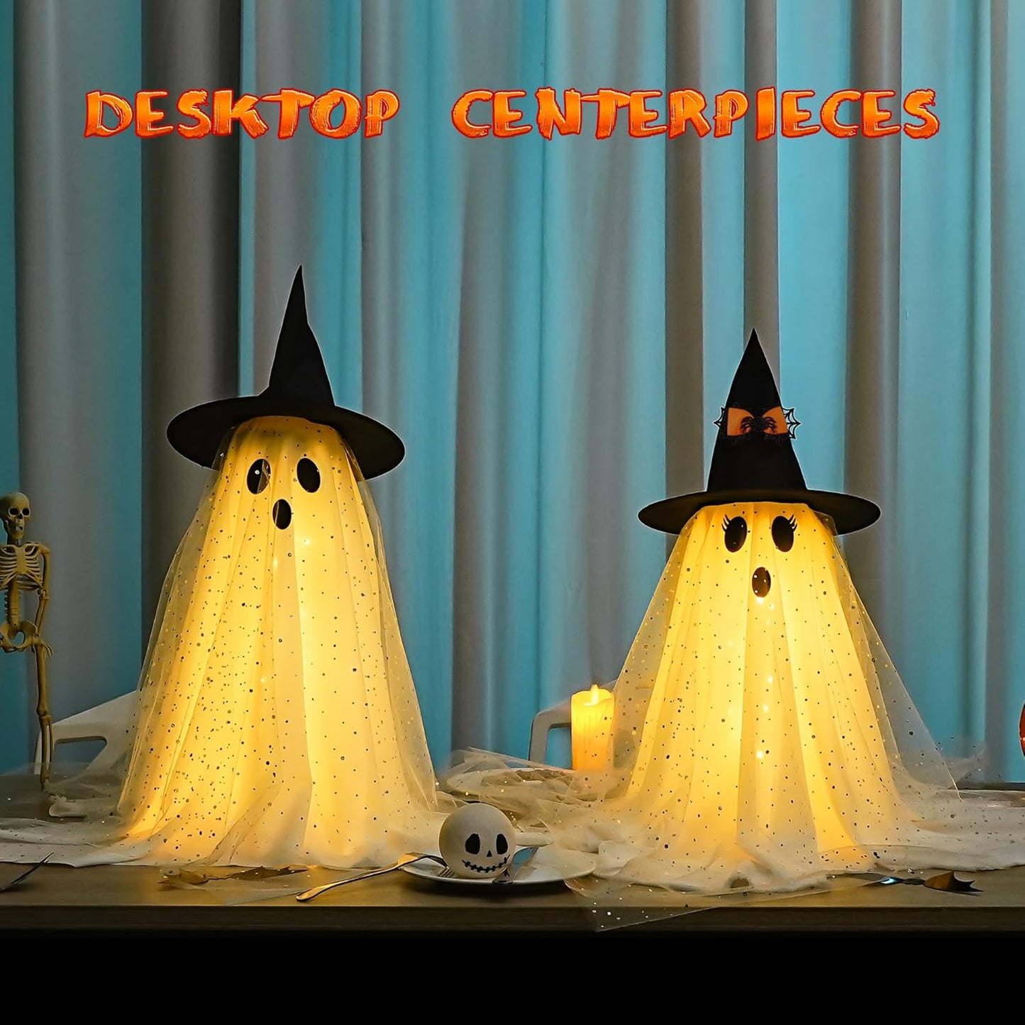 AYGXU 2pcs Halloween Decorations Indoor,Ghost Decor with String Lights Remote Control,Halloween Party Decorations,Spooky Ghost Light for Home Table Room Kitchen Office