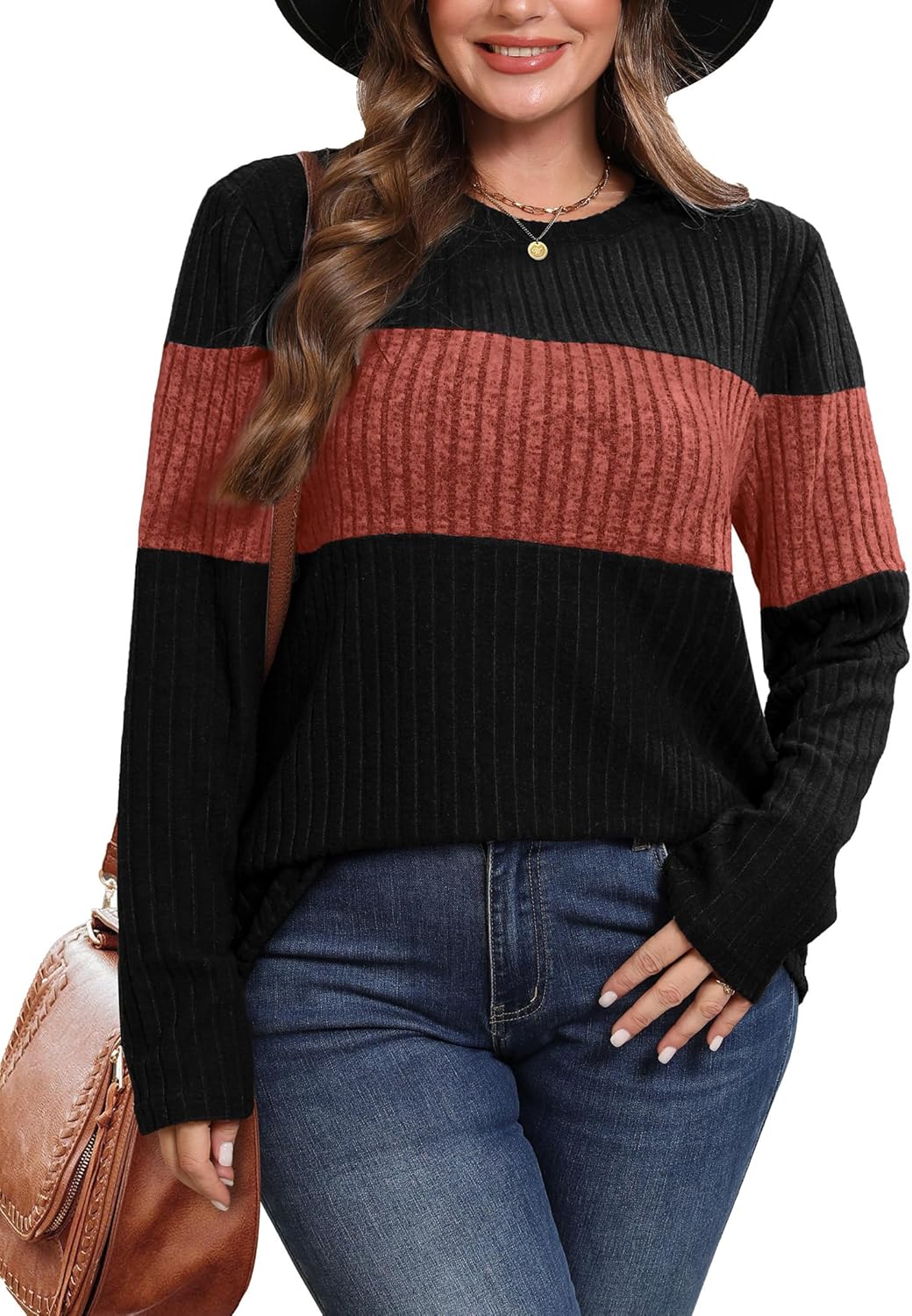 WIHOLL Womens Sweaters Trendy Color Block Tops Long Sleeve Shirts Fall Outfits Early Fall Fashion 2025 Winter Clothing