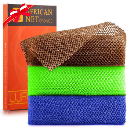 UJFQBH 3 Pieces African Bath Sponge African Net Long Net Bath Sponge Exfoliating Shower Body Scrubber Back Scrubber Skin Smoother,Great for Daily Use (Pink,Yellow,Purple)