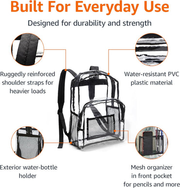 Amazon Basics Transparent School Backpack, With Water-Resistant PVC Plastic Material and Ruggedly Reinforced Shoulder Straps, Clear