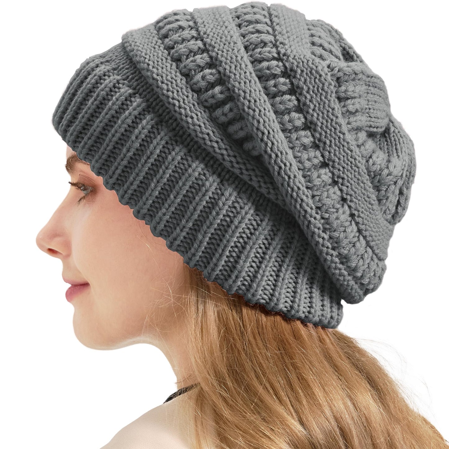 Cable Knit Slouchy Beanie for Women, Wool Winter Warm Womens Beanies, Trendy Oversized Slouch Hat Skull Ski Cap Hats