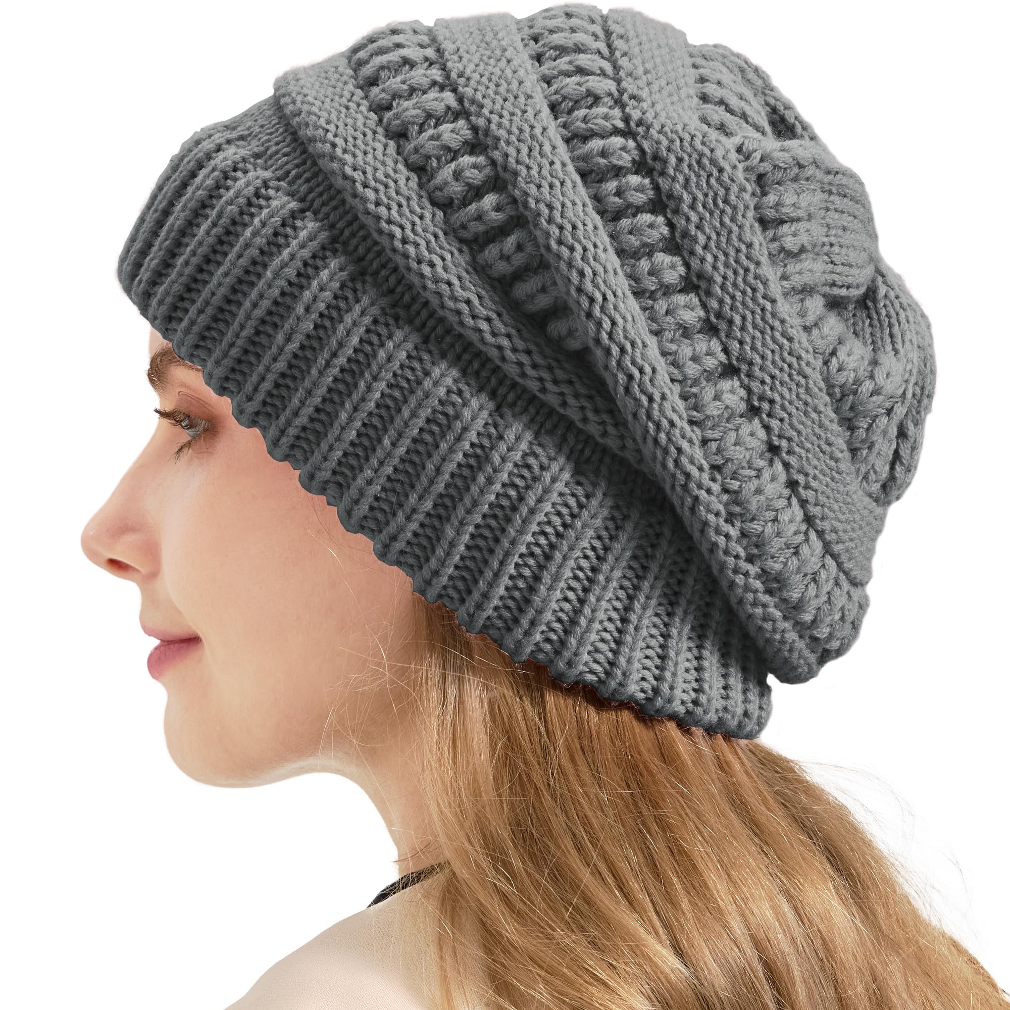 Cable Knit Slouchy Beanie for Women, Wool Winter Warm Womens Beanies, Trendy Oversized Slouch Hat Skull Ski Cap Hats