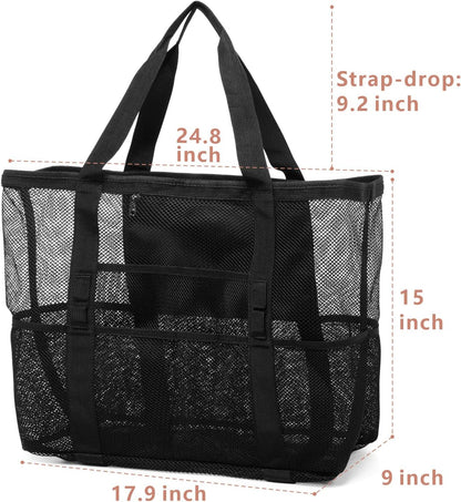 F-color Mesh Beach Bag Family - 9 Pockets Large Beach Tote for Cruise Vacation Essentials