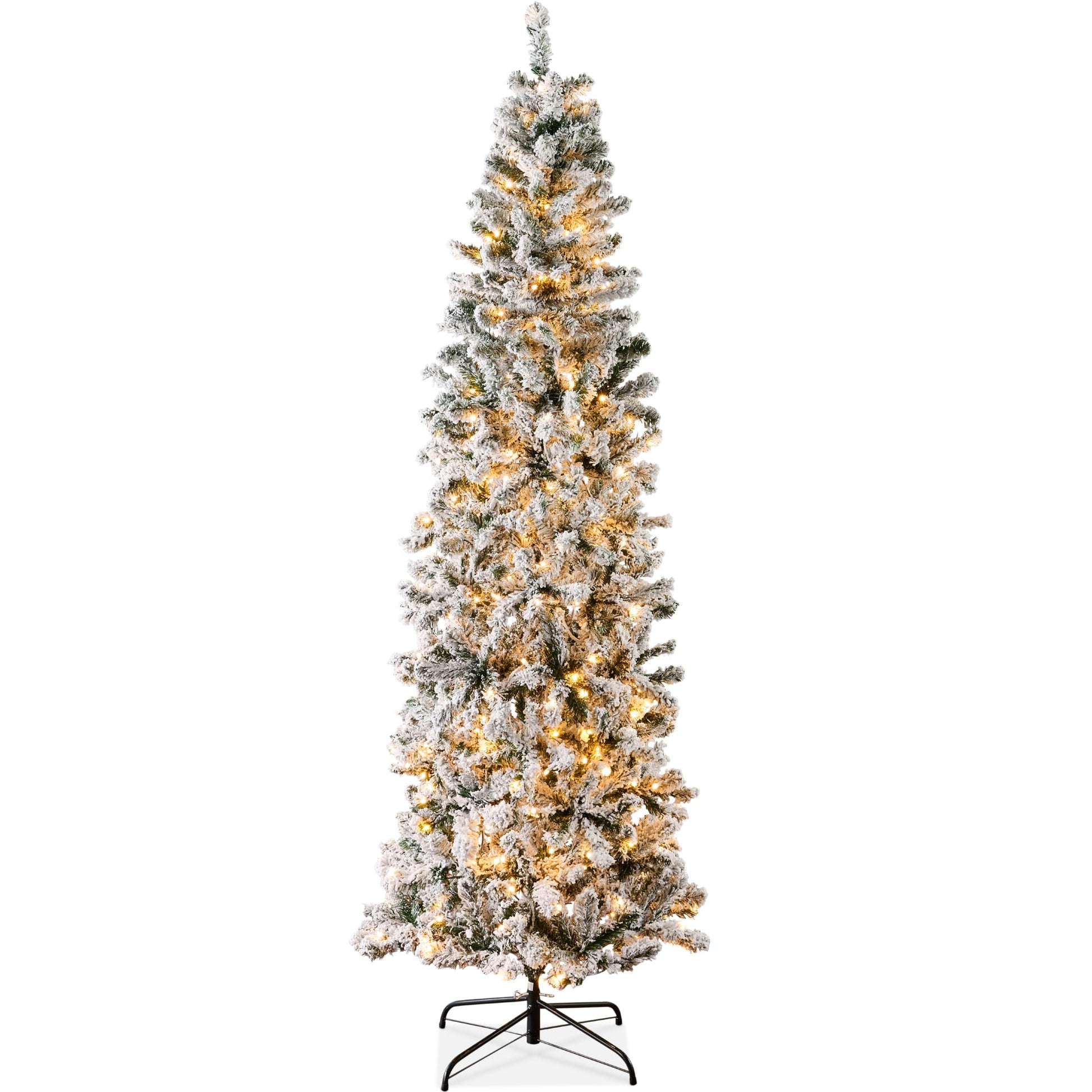 Best Choice Products Flocked Pencil Christmas Tree, Pre-Lit Slim Artificial Holiday Decoration, 7.5ft Lighted Skinny w/Base, Warm White Lights