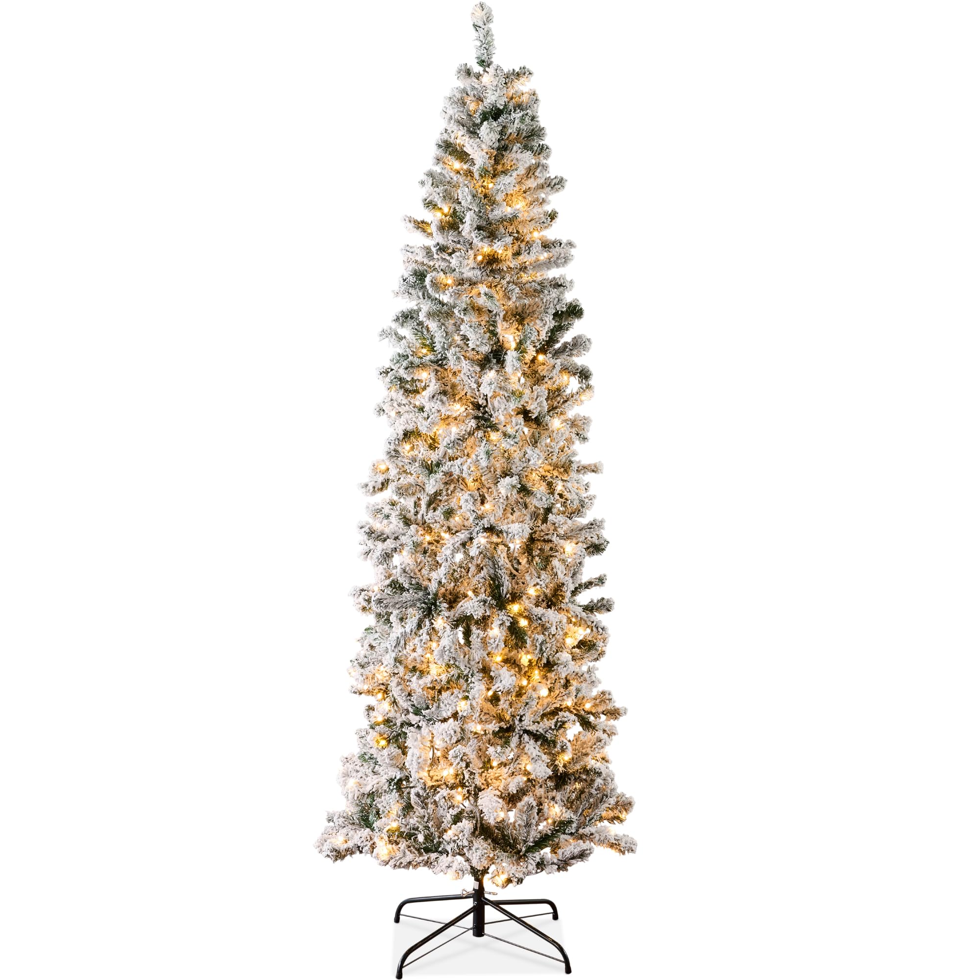 Best Choice Products Flocked Pencil Christmas Tree, Pre-Lit Slim Artificial Holiday Decoration, 7.5ft Lighted Skinny w/Base, Warm White Lights