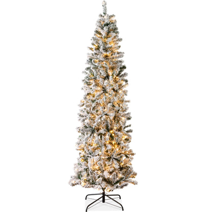 Best Choice Products Flocked Pencil Christmas Tree, Pre-Lit Slim Artificial Holiday Decoration, 7.5ft Lighted Skinny w/Base, Warm White Lights