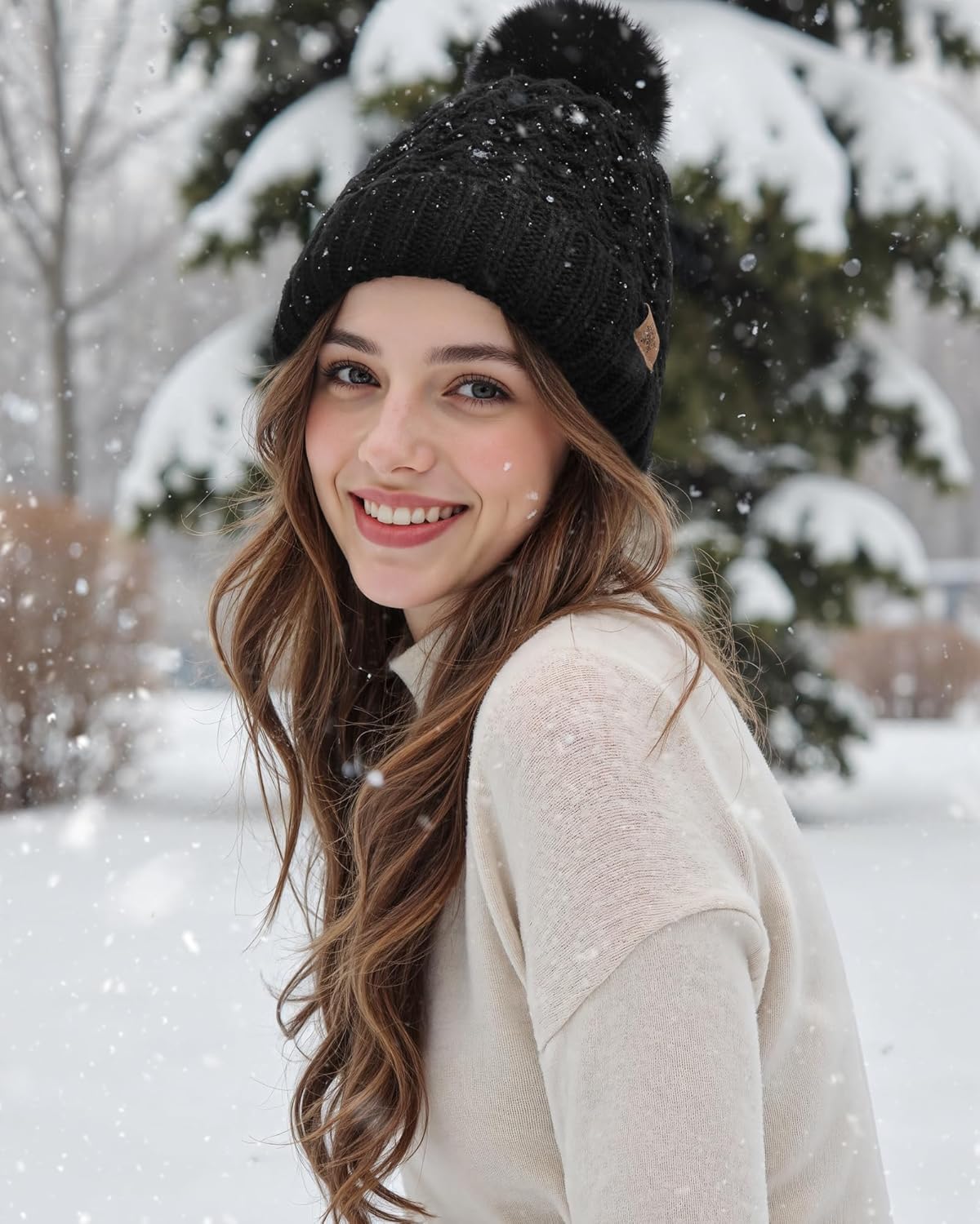 Trifabricy Womens Winter Hat Knit Crossed Cap Beanie Hats for Women Soft Warm Lined with Faxu Fur Pom Poms for Cold Weather