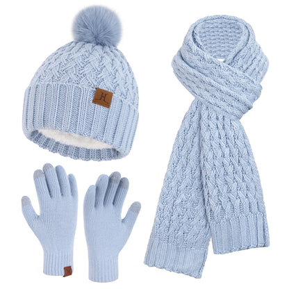 Womens Winter Beanie Hat Touchscreen Gloves Long Neck Scarf Set Warm Knit Caps with Pom Fleece Gifts for Women