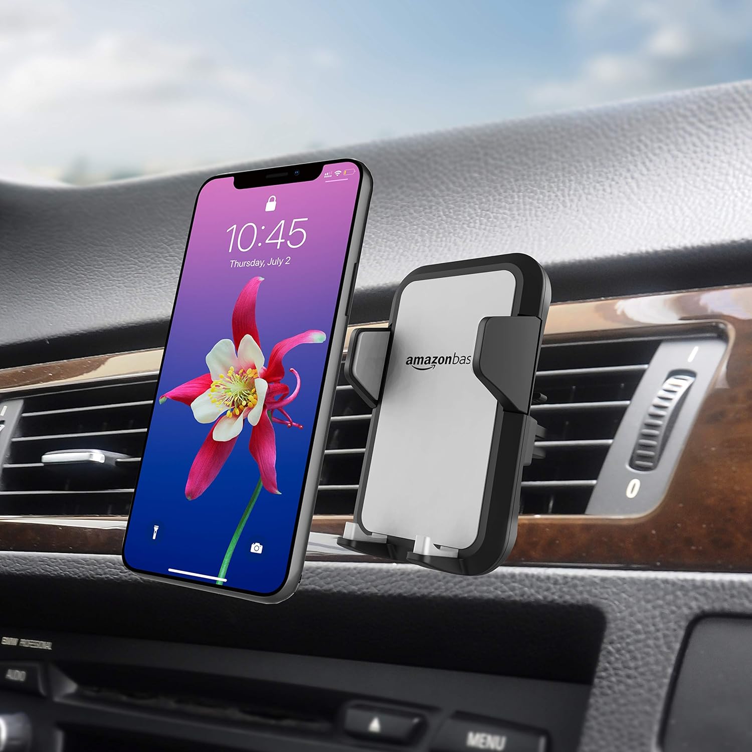 Amazon Basics Universal Portable Smartphone Holder for Car, Easy to Install Air Vent Mount, Adjustable and Secure, Grey