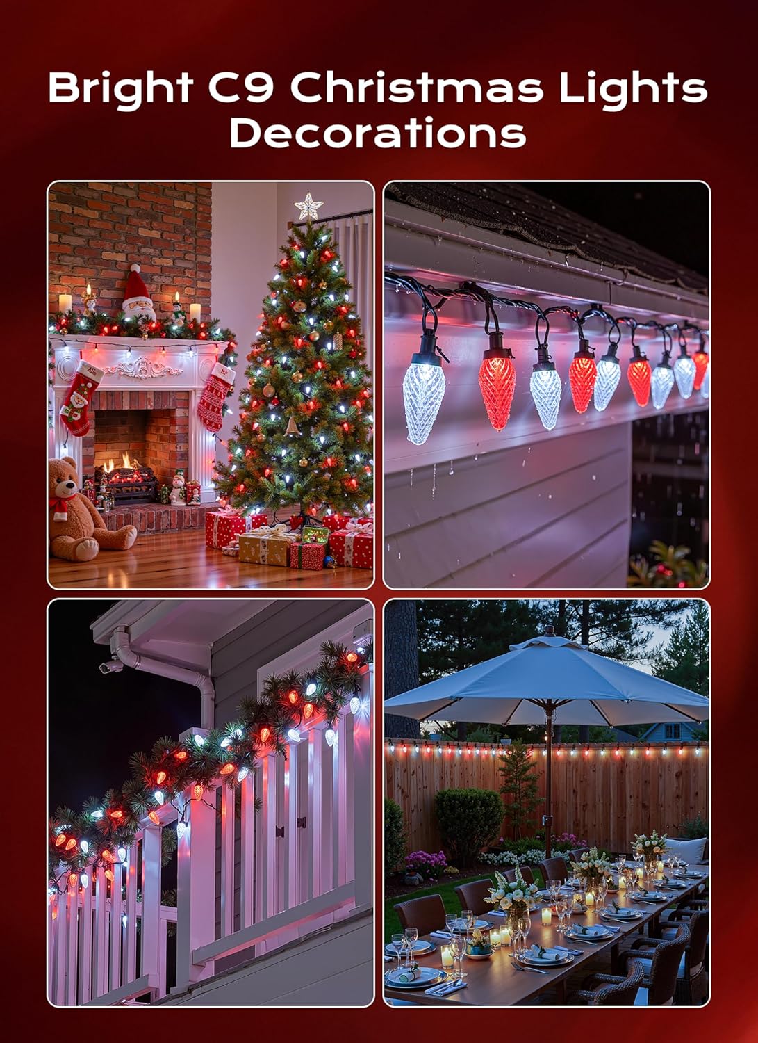 C9 Christmas Lights Outdoor, 66 FT 100 LED Connectable C9 String Lights with 8 Modes and Timer Xmas Tree Patio Roofline Garden Yard Holiday Party Indoor Outdoor Decoration, Red and White