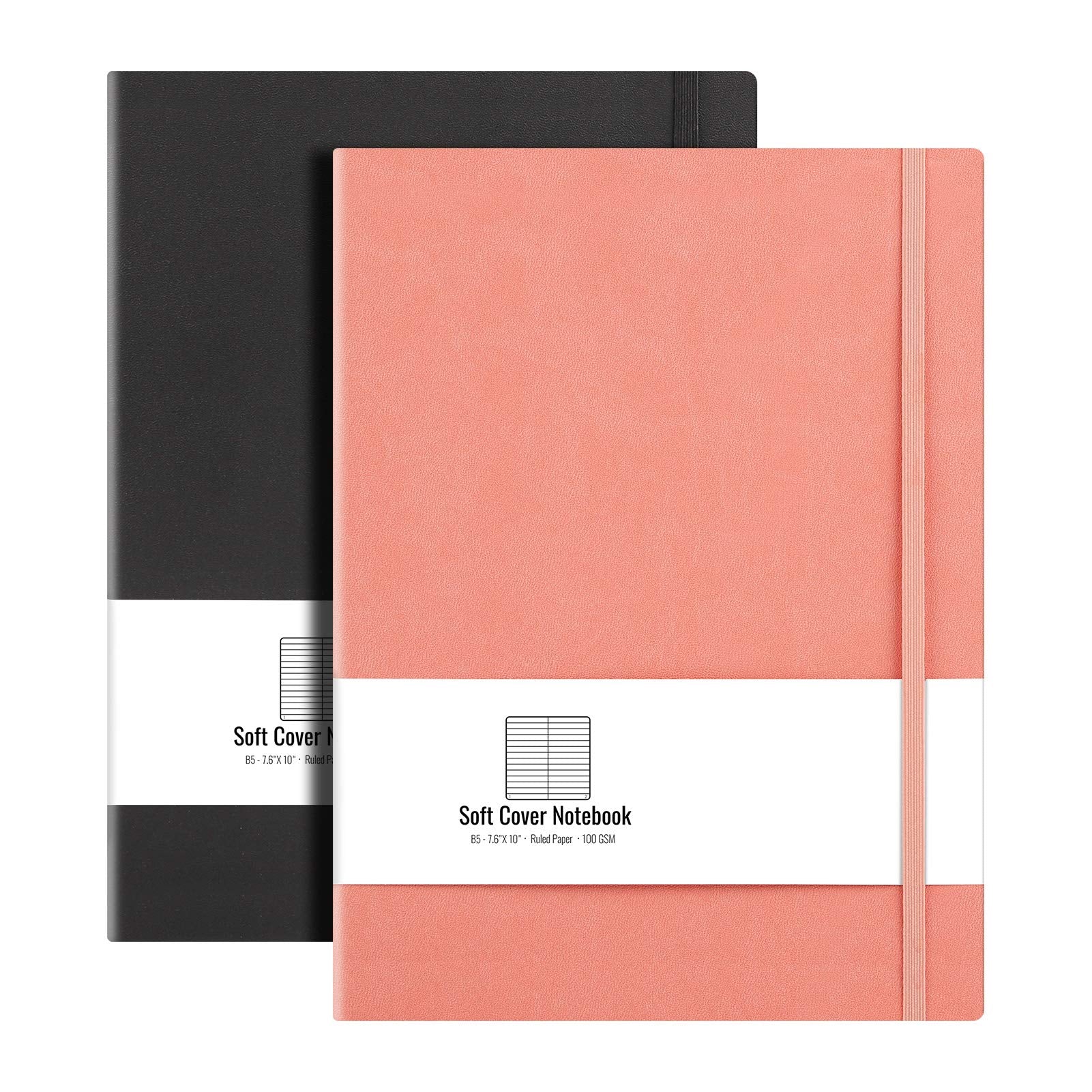 B5 College Ruled Notebook Softcover Journals(2-Pack)- AHGXG Large Composition Notebook 7.6 x 10 inch with Thick 100gsm Lined Paper, Total 408 Numbered Pages, Black Black