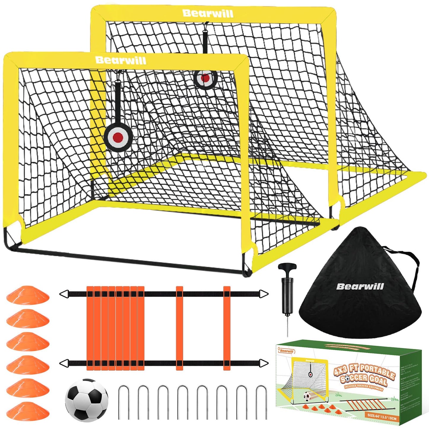Soccer Goal, Kids Soccer Goals for Backyard Set of 2, 4x3ft Portable Soccer Goal Pop Up Soccer Net, Kids Soccer Net Training Equipment with Soccer Ball, Ladder, Cones, Targets