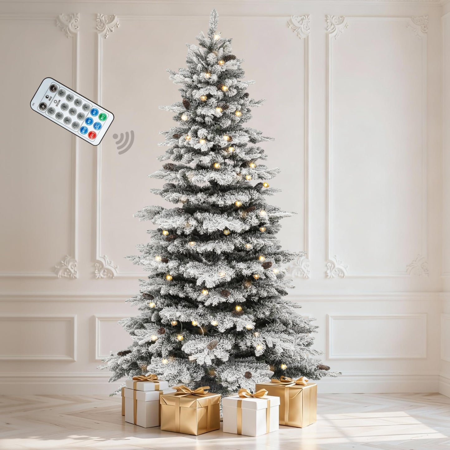 DWVO Prelit Christmas Tree 6ft with 56 Pine Cones & White Pine Needle, Atificial Tree with 250 LED Lights, Full Green Xmaxs Trees with 946 Metal Hinged Branch Tips & Stand Remote Controlled