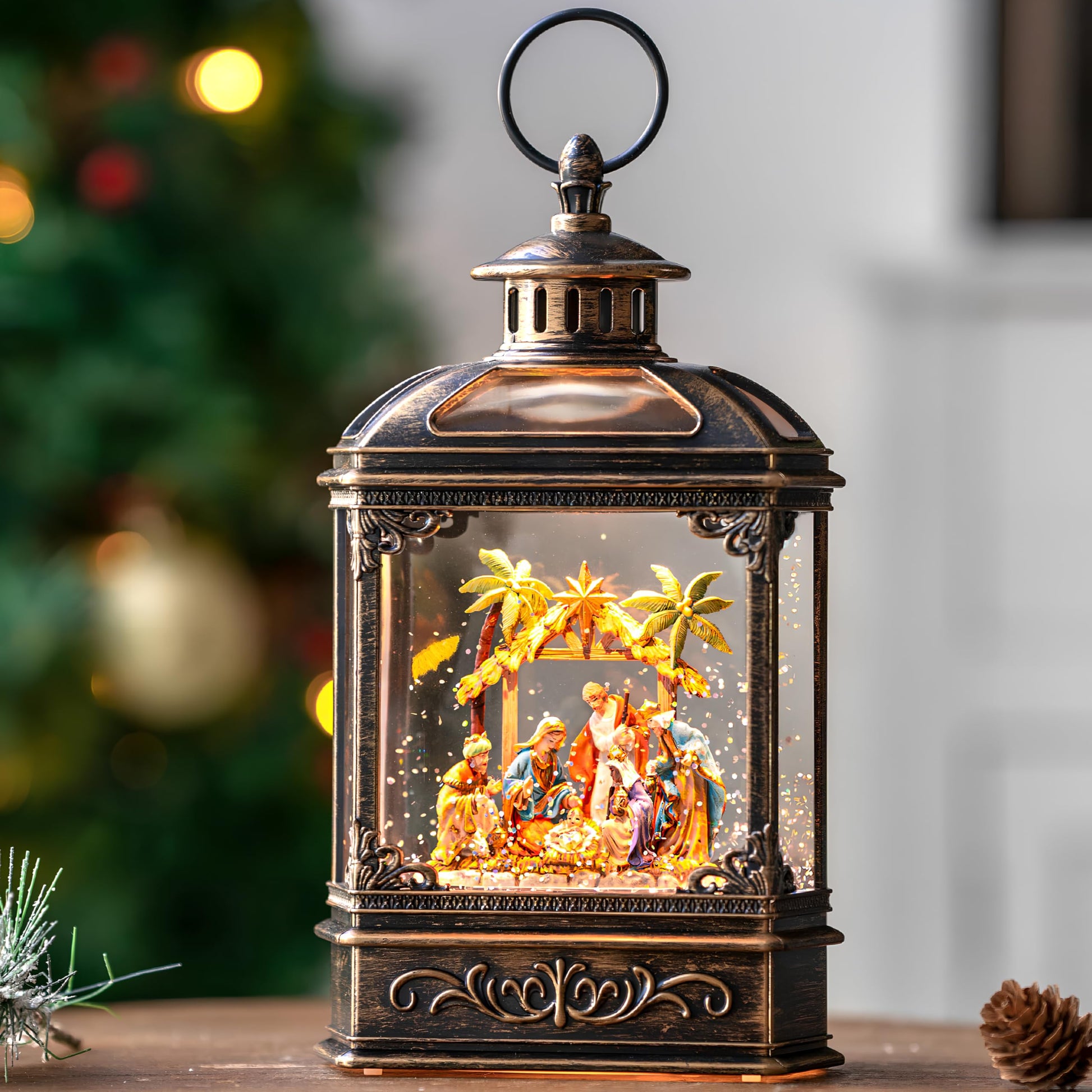 Christmas Snow Globe Swirling Glittering Nativity Scene with Music, USB Lined/Battery Operated Lighted Water Lantern for Christmas Festival Decoration Gifts