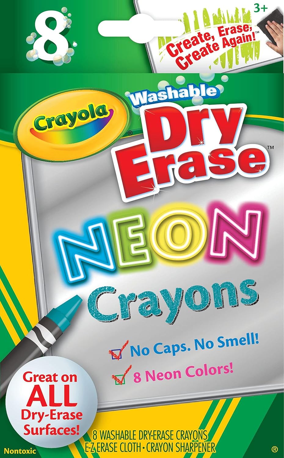 Crayola, Dry-Erase Neon Crayons, Art Tools, 8 Count, Washable, Perfect for Classroom Art Activities, Includes Sharpener and Erase Cloth