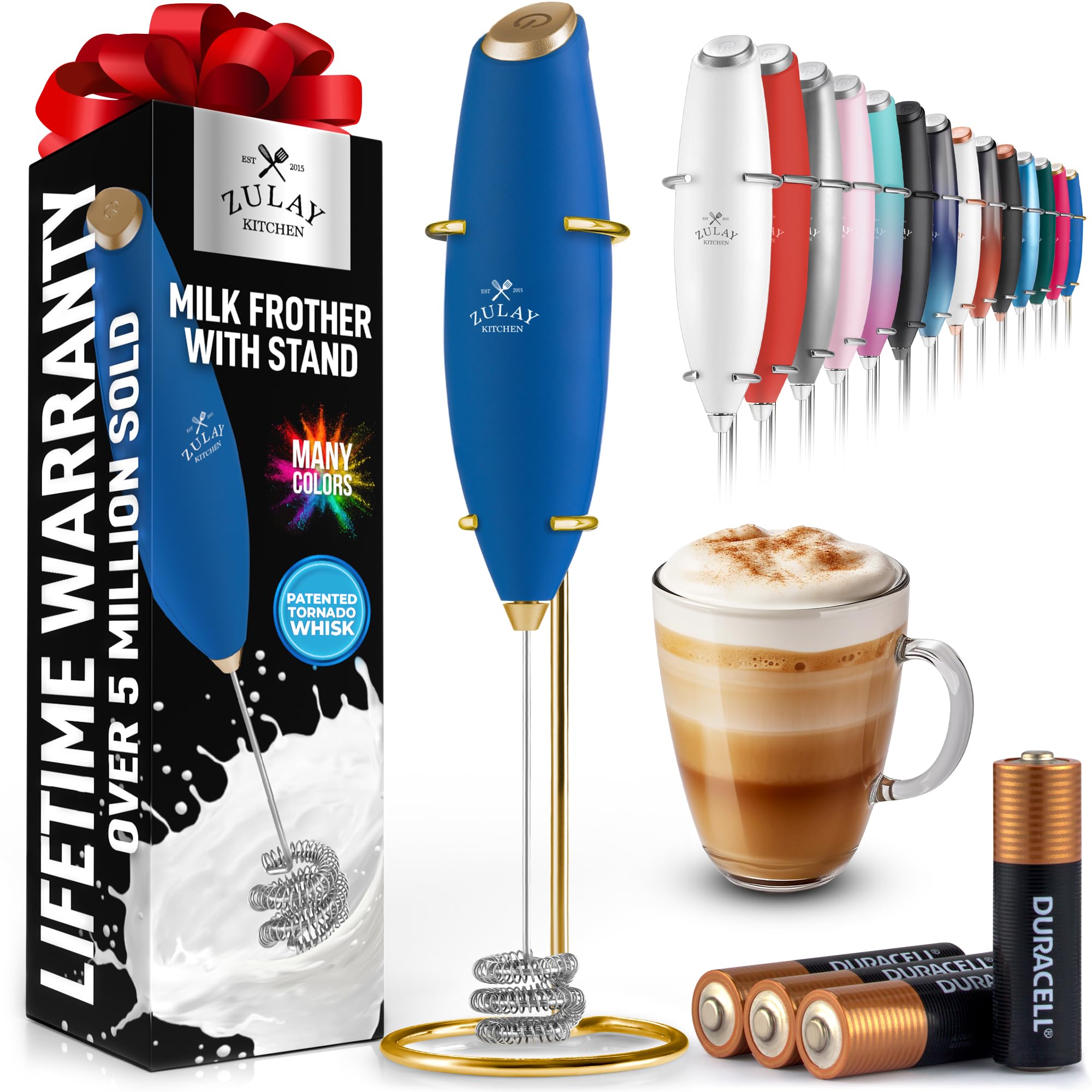 Zulay Kitchen Powerful Milk Frother Wand With 2 Duracell Batteries - Ultra Fast Handheld Drink Mixer - Electric Whisk Foam Maker for Coffee, Lattes, Cappuccino, Matcha, Hot Chocolate & Creamer - Black