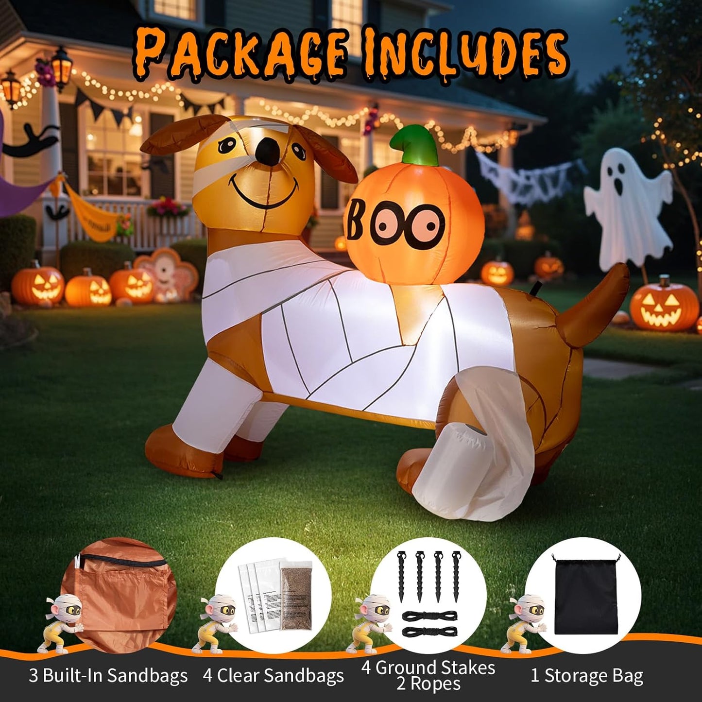Dawdix 5FT Halloween Inflatable Mummy Dog Outdoor Decoration, Funny Blow Up Puppy Wrapped in Toilet Paper with Boo Pumpkin, Halloween Inflatable Dachshund Decor for Yard, Lawn, Garden, Porch