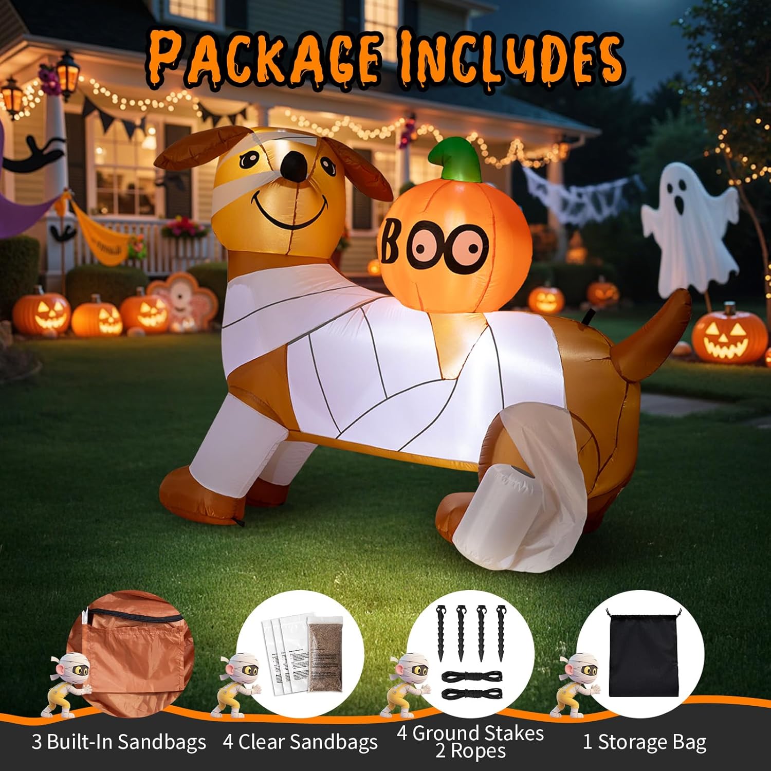 Dawdix 5FT Halloween Inflatable Mummy Dog Outdoor Decoration, Funny Blow Up Puppy Wrapped in Toilet Paper with Boo Pumpkin, Halloween Inflatable Dachshund Decor for Yard, Lawn, Garden, Porch