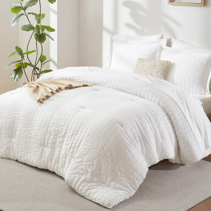 CozyLux Queen Comforter Set White Seersucker 7 Pieces Bed in a Bag Queen Comforter Set with Sheets, Luxury Soft Bedding Set with Down Alternative Comforter, Sheets, Pillowcases & Shams for All Seasons