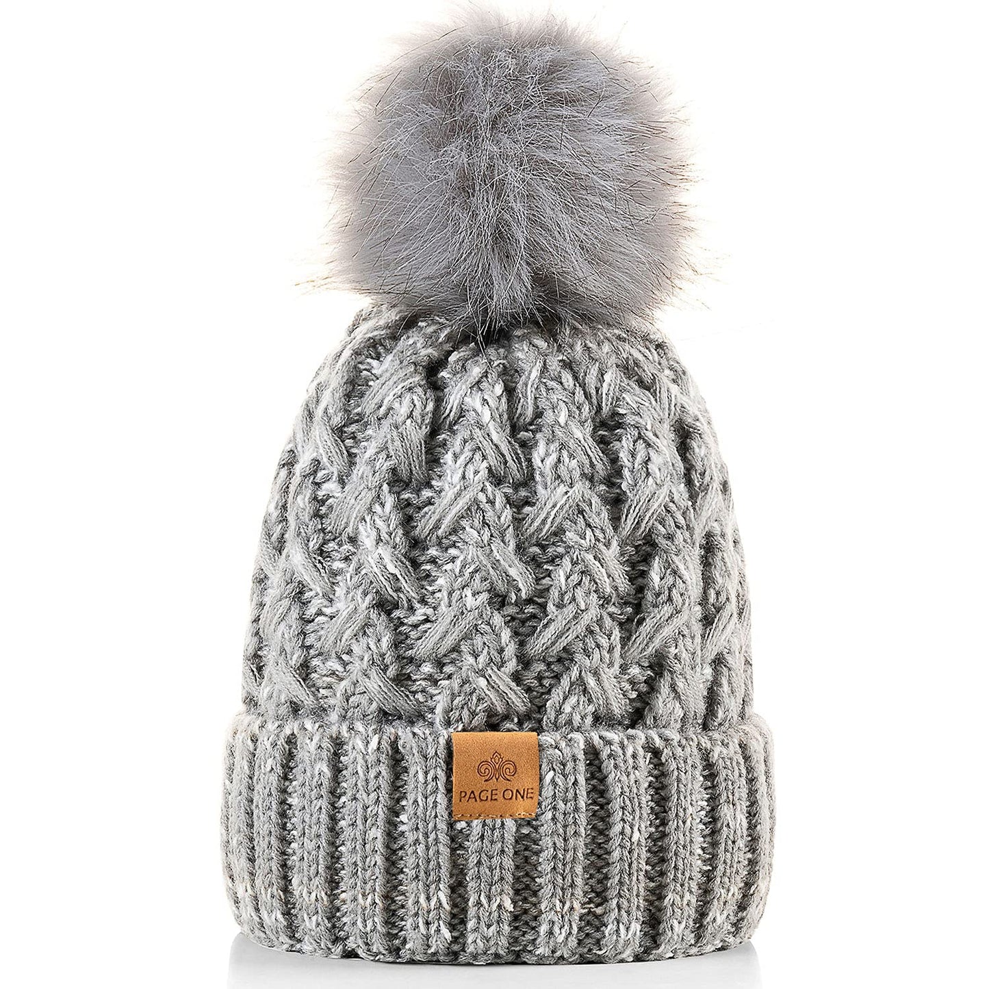 PAGE ONE Womens Winter Ribbed Beanie Crossed Cap Chunky Cable Knit Pompom Soft Warm Hat