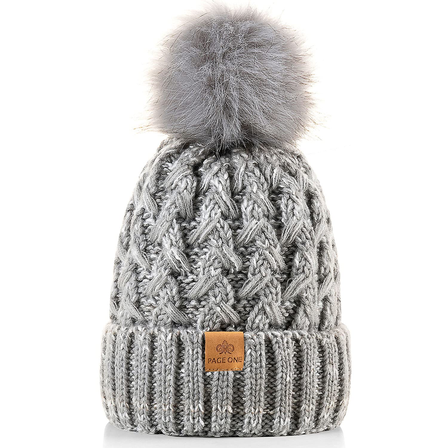 PAGE ONE Womens Winter Ribbed Beanie Crossed Cap Chunky Cable Knit Pompom Soft Warm Hat