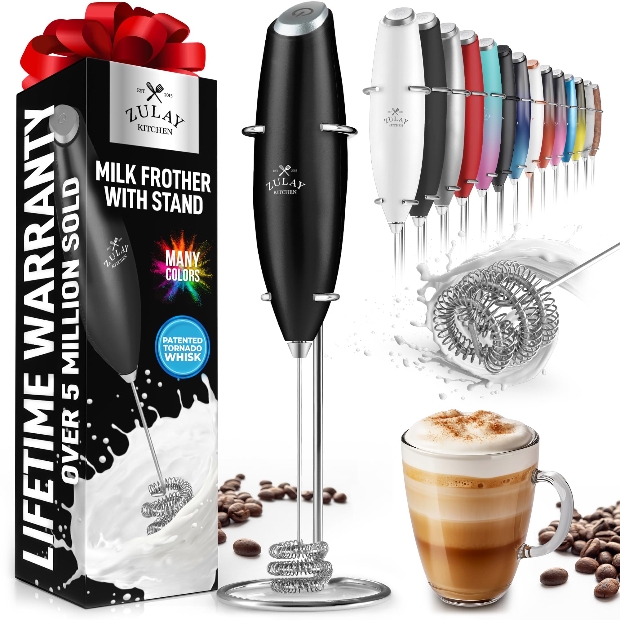 Zulay Kitchen Powerful Milk Frother Wand With 2 Duracell Batteries - Ultra Fast Handheld Drink Mixer - Electric Whisk Foam Maker for Coffee, Lattes, Cappuccino, Matcha, Hot Chocolate & Creamer - Black
