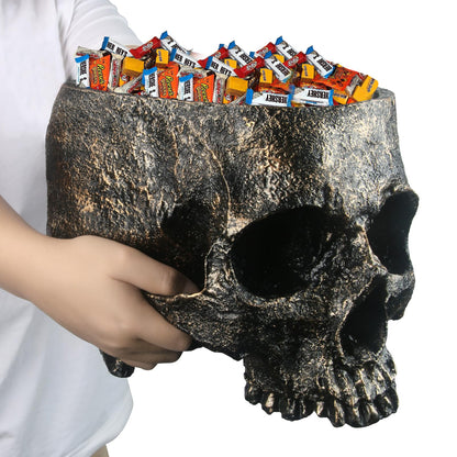 Halloween Skull Candy Dish- Deep Skull Head Halloween Candy Bowl Holder Artificial Resin Skulls Decor Indoor Outdoor Table Centerpieces Flower Pot Plant Office Pen Holder Desktop Ornaments - Bronze