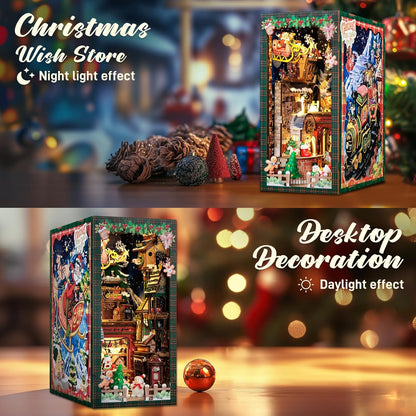 CUTEBEE Christmas Book Nook Kit - DIY Miniature House Dollhouse Kit for Adults, Teens, Booknook Tiny House Bookshelf Decor 3D Wooden Puzzle, Gifts for Family, Friends （Christmas Wish Store）