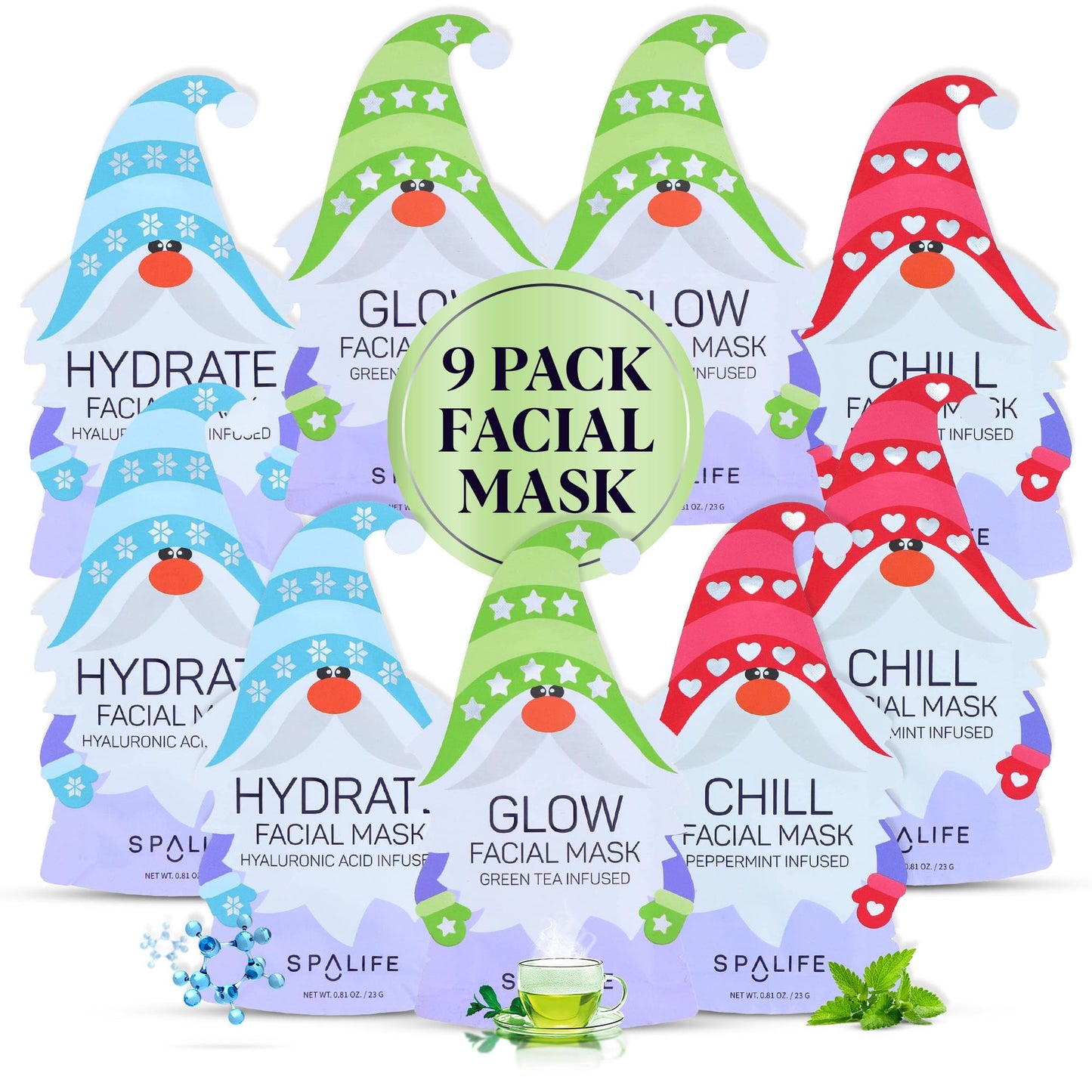 SpaLife Beauty Holiday Treats Christmas Face Mask Bundle | Korean Facial Mask | Hydrating, Soothing and Moisturizing Sheet Mask Set | Stocking Stuffers for Women | Bulk Christmas Gifts | 12 Pack