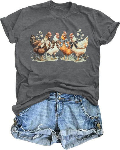 Christmas Chicken Shirt Women: Chicken Mom Tshirt Chicken Lover Cute Animal Graphic Tee Country Farm Holiday Tops