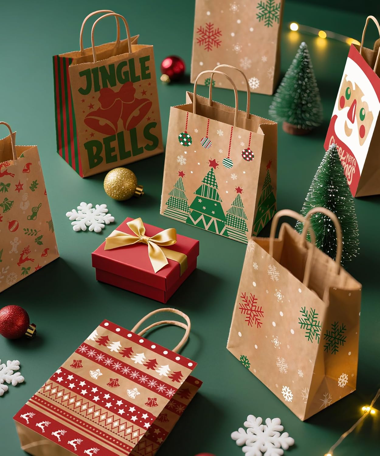 24-Pack Christmas Gift Bags – 6 Assorted Xmas Designs, Small Christmas Goody Bags Bulk with Handles for Wrapping Gifts, Party Favors and Holiday Decor