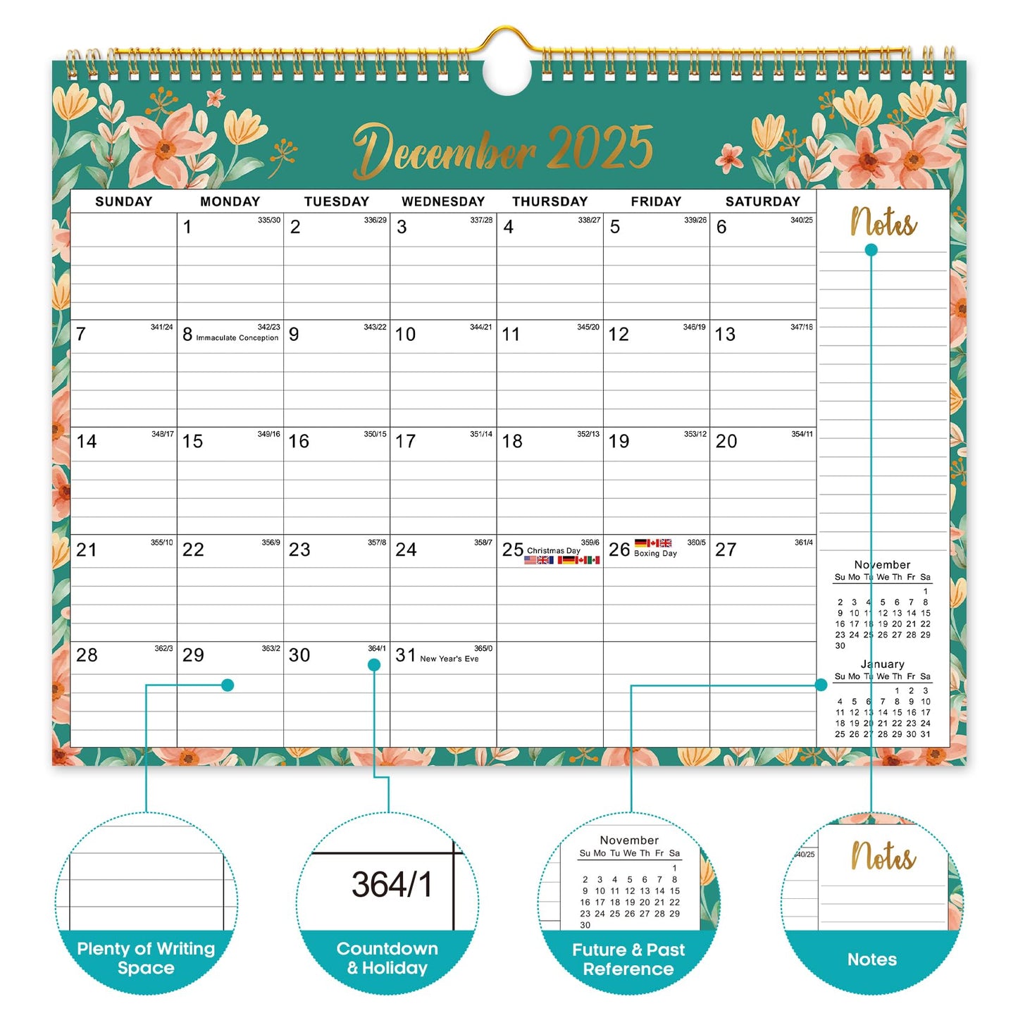 2026 Calendar, Monthly Wall Calendar from October 2025 to June 2027, 11.5" x 14.7", Spiral Binding Hanging Wall Calendar, Perfect for Home or Office,Floral